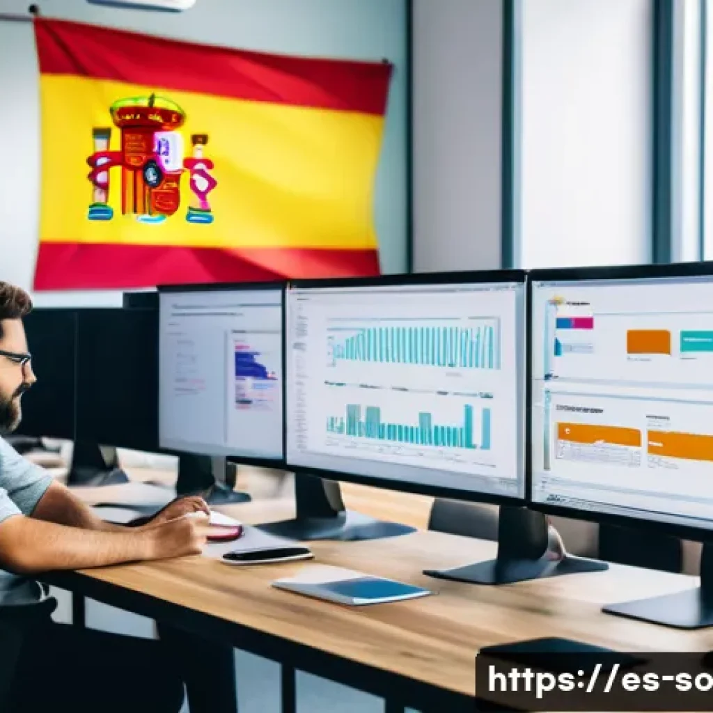 CI CD 파이프라인 구축의 일반적인 과정 - A modern software development team in a bright, open-plan office in Spain, collaborating around mult...