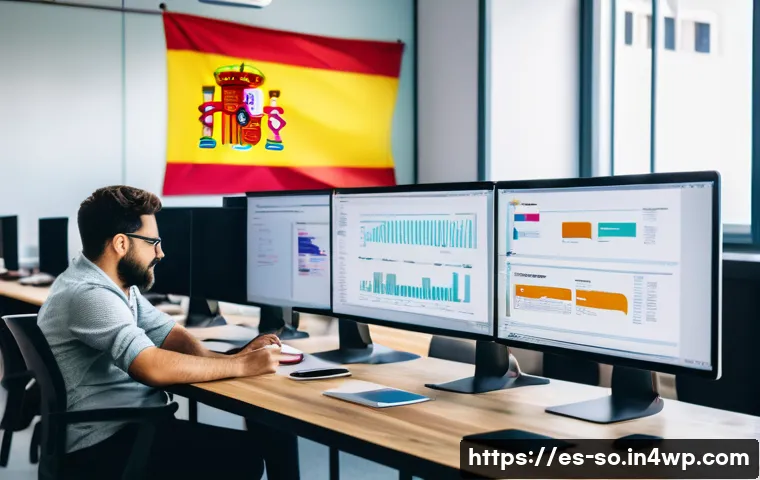 CI CD 파이프라인 구축의 일반적인 과정 - A modern software development team in a bright, open-plan office in Spain, collaborating around mult...
