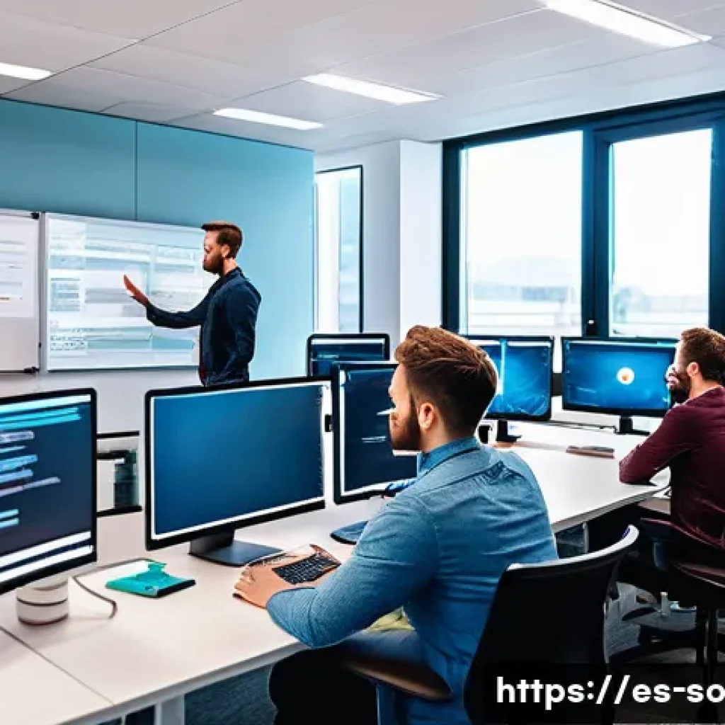 CI CD 파이프라인과 마이크로서비스 아키텍처 - A modern agile software development team collaborating in a bright office with multiple large monito...