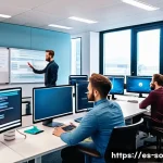 Home 22 CI CD 파이프라인과 마이크로서비스 아키텍처 - A modern agile software development team collaborating in a bright office with multiple large monito...