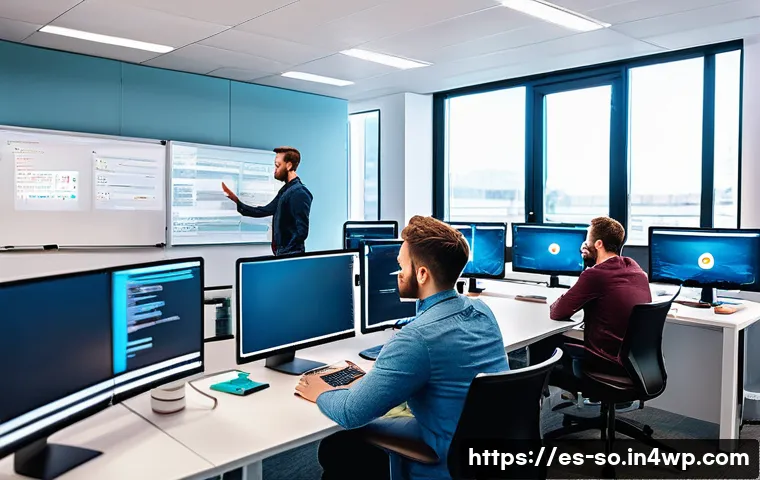 CI CD 파이프라인과 마이크로서비스 아키텍처 - A modern agile software development team collaborating in a bright office with multiple large monito...