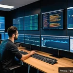 Home 23 Terraform을 활용한 CI CD 파이프라인 구축 - A modern DevOps engineer working in a bright, spacious office filled with multiple large monitors di...