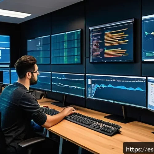 Home 17 Terraform을 활용한 CI CD 파이프라인 구축 - A modern DevOps engineer working in a bright, spacious office filled with multiple large monitors di...