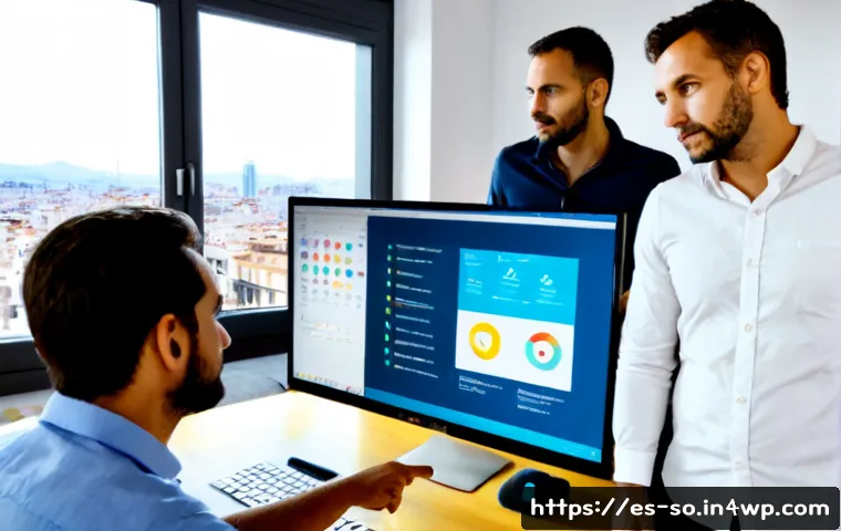 CI CD 파이프라인의 사용자 경험 개선 방법 - Photorealistic modern software team in a bright Madrid coworking office, two developers and a projec...